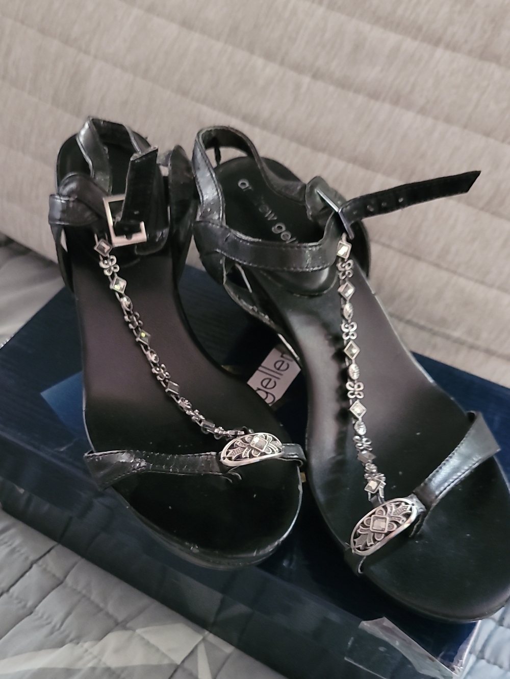 Andrew Geller Black T-Strap Heels with Silver Chain Accents
